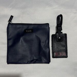 Tumi Navy Toiletry Bag with Black Leather Luggage Tag